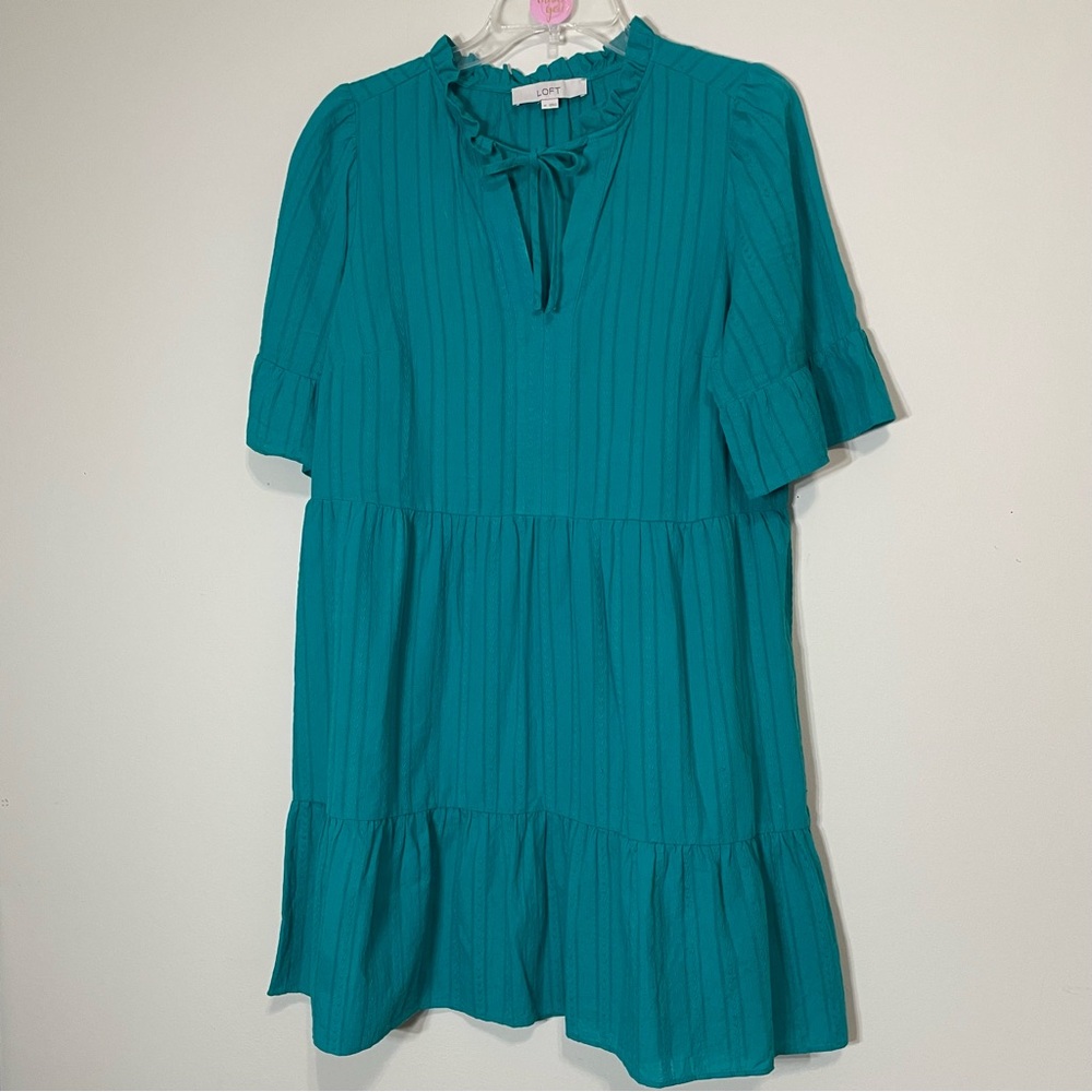LOFT Turquoise Ruffle‎ tiered shirt dress~Size medium ~Anthropology